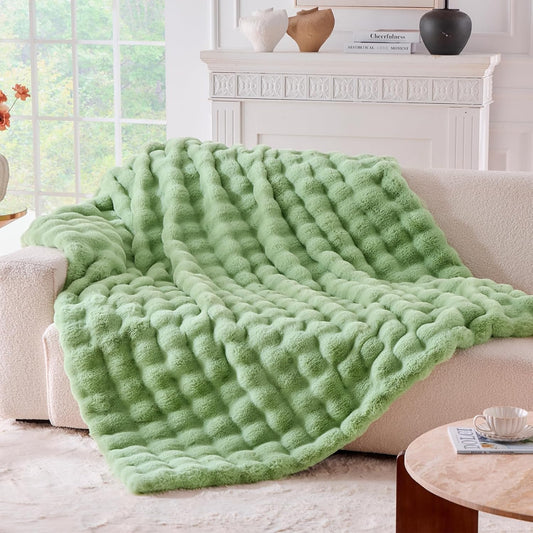 BENVWE Fluffy Faux Fur Throw Blanket for Couch, Soft Plush Thick Cozy Fuzzy Luxury Minky Bubble Blanket for Home Living Room Decor Gift for Women, Sage Green, 63" x 80", 1100GSM