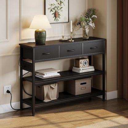 Lulive 2 Pack Entryway Table with Power Outlets, Console Table with 3 Fabric Drawers, Sofa Table for Living Room, Hallway, Couch, Foyer, Height Adjustable