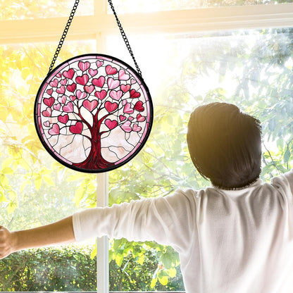 Stained Glass Window Hanging, Valentine's Day Gifts Pink Love Heart Tree Suncatcher Hangings Beige Sun Catchers Decor for Birthday for Women, Men, Wife, Aunt, Mom 6.3 in