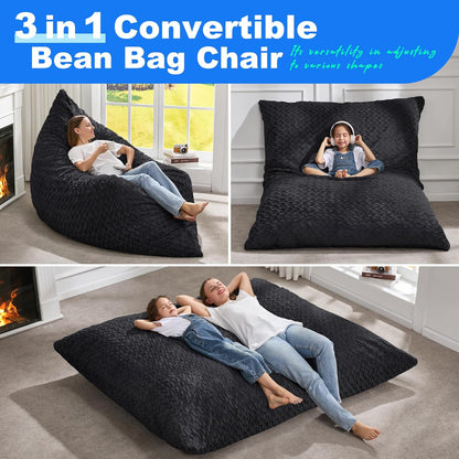 Hobestluk 3 in 1 Bean Bag Chair Giant Bean Bag Chairs for Adults with Chevron Plush Fur Cover Convertible Bean Bag Floor Cushion with Machine Washable Cover for Living Room (Chevron Plush Black)