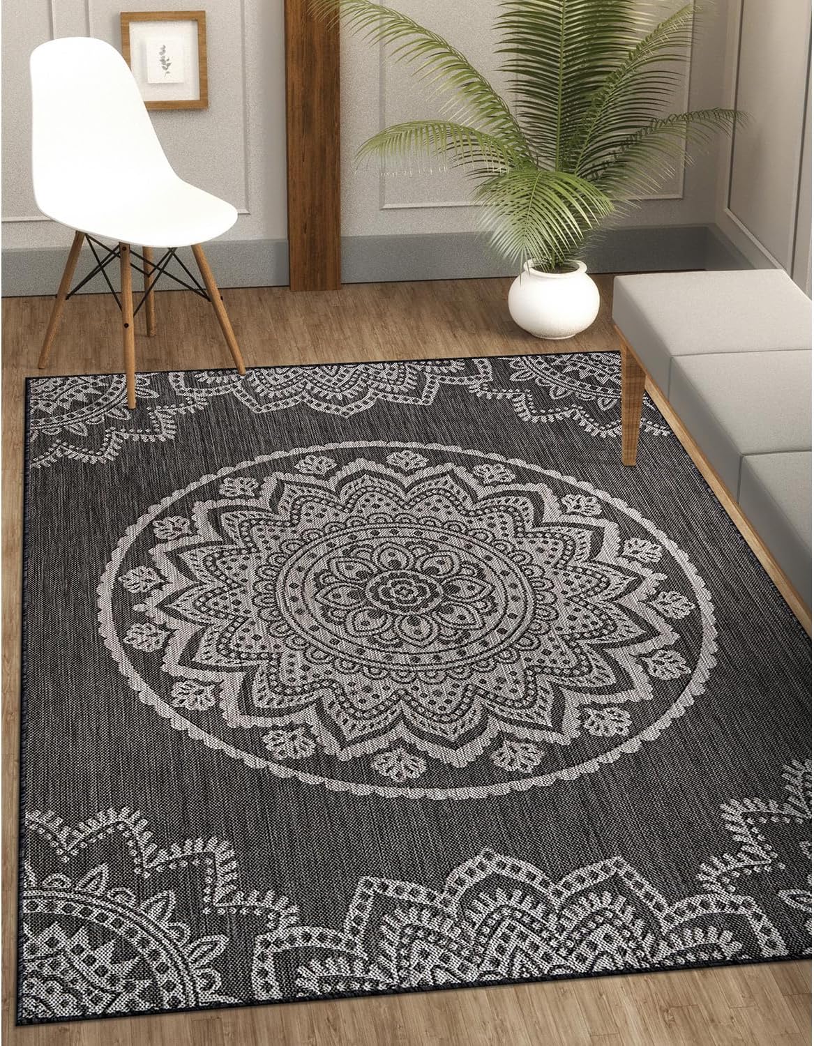 CAMILSON Outdoor Rug 5x7 Modern Area Rugs for Indoor and Outdoor Patios and Porches - Waterproof Washable Non-Shedding Easy-to-Clean Outside Carpet (5 x 7, Medallion - Dark Grey/Light Grey)
