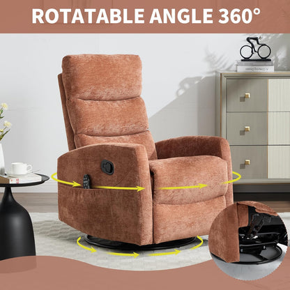 Manual Swivel Rocker Recliner Chair for Adults, Overstuffed Reclining Glider Chair for Nursing with Vibration Massage & Heat, Living Room Rocking Recliner 3-Stage backrest, Chenille Fabric Orange