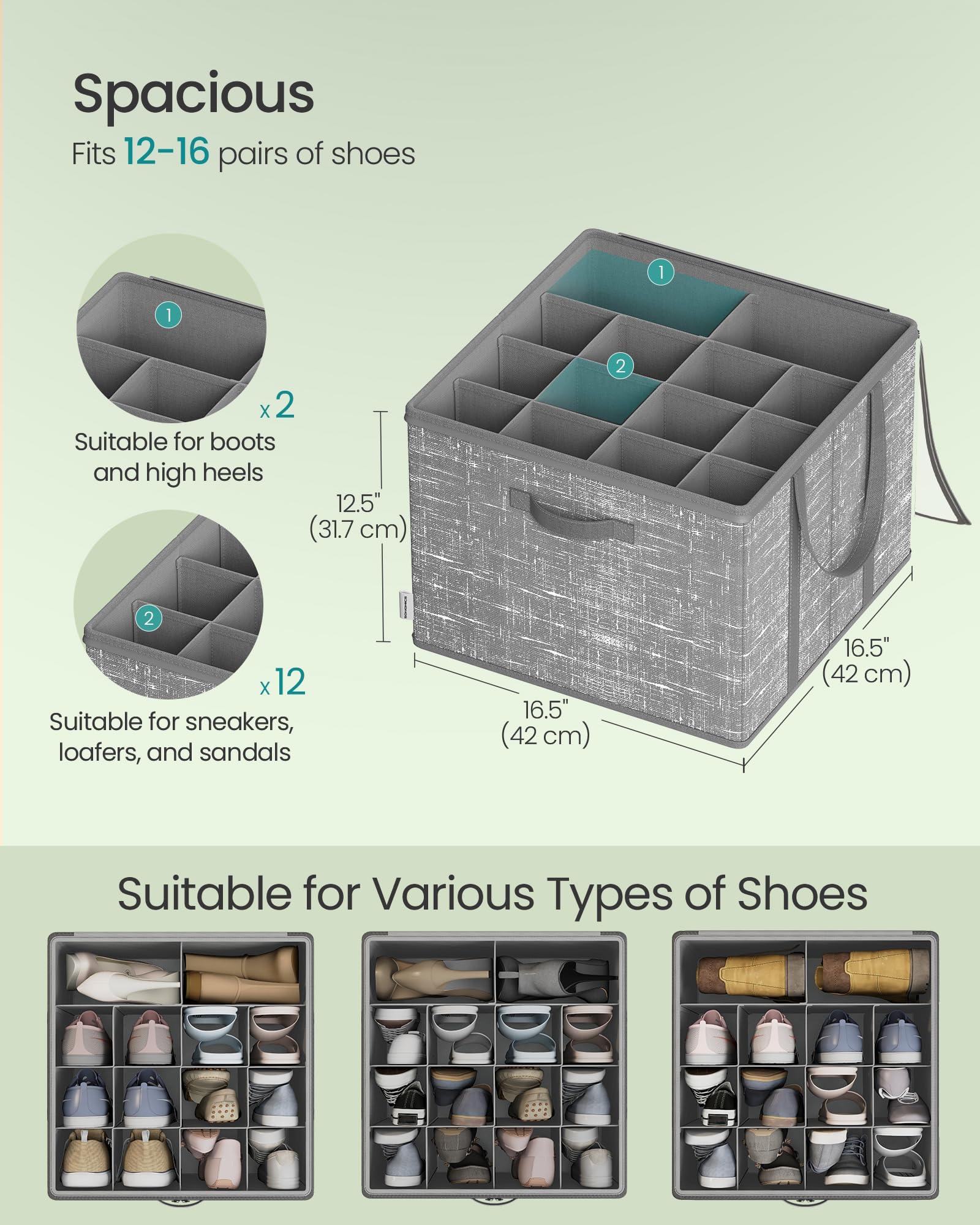 SONGMICS Shoe Organizer for Closet, Shoe Storage Box with Clear Lid, Foldable Fabric Bins, Holds 16