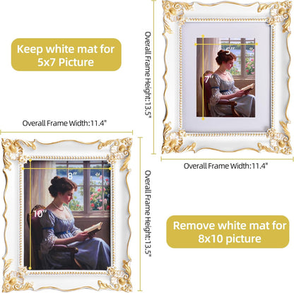 8x10 Vintage Picture Frame with Embossed Flower Design, White Ornate Frame for 8x10 or 5x7 Pictures with White Mat, Hand-Crafted Resin Antique Frames for Tabletop & Wall Hanging, Home Decor (White)