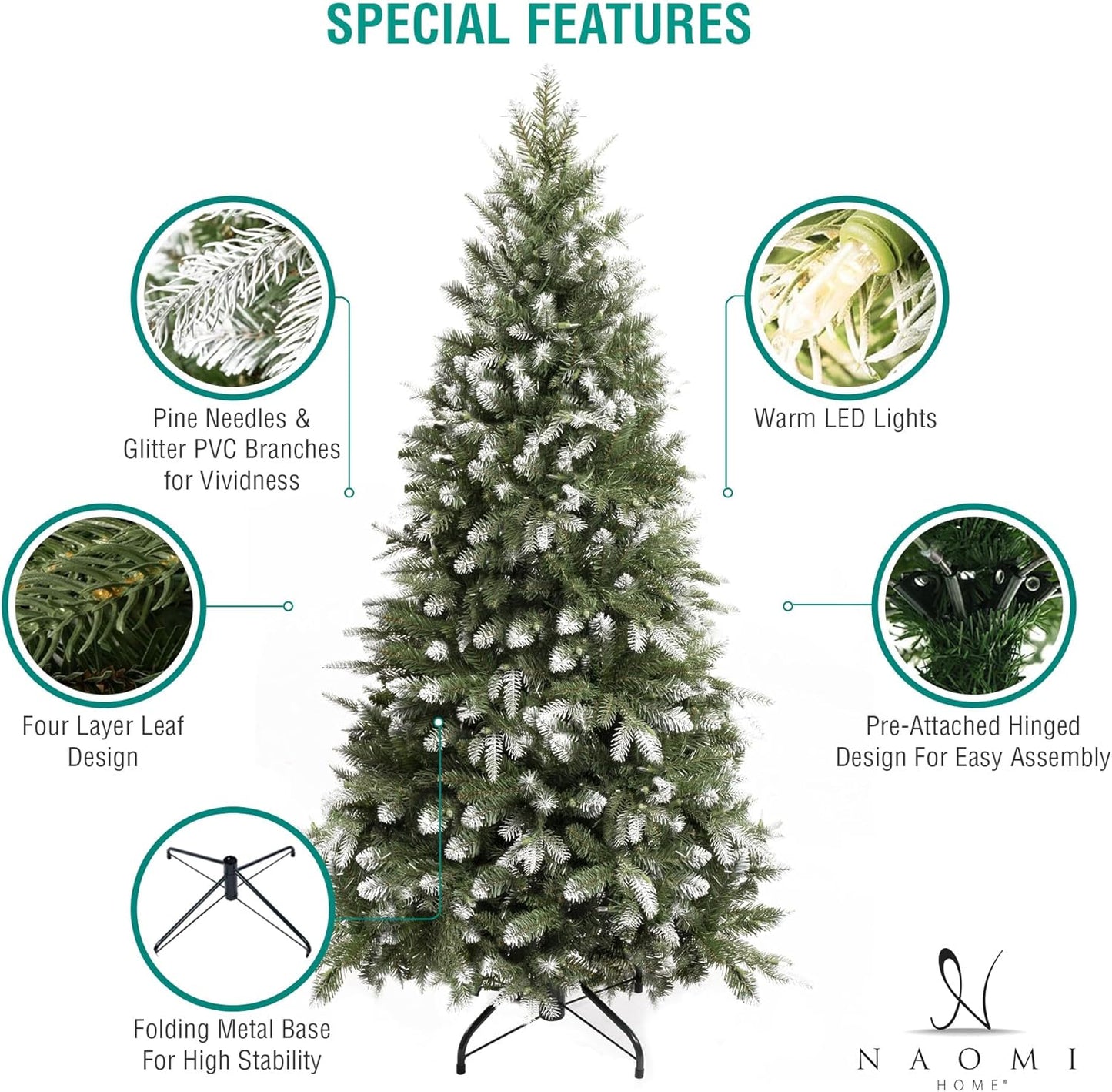 Naomi Home 4.5ft White Tip Christmas Tree with Lights, Realistic Light Snow Flocked Fir Prelit with 679 Branch Tips, 200 Warm Lights and Metal Stand, Aritificial Tree