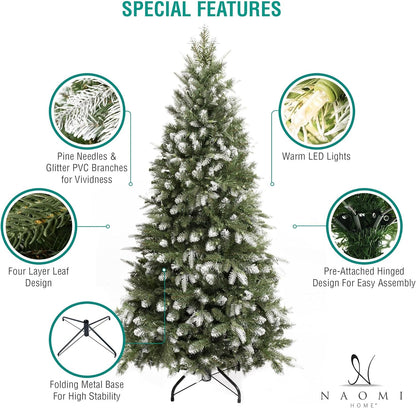 Naomi Home 4.5ft White Tip Christmas Tree with Lights, Realistic Light Snow Flocked Fir Prelit with 679 Branch Tips, 200 Warm Lights and Metal Stand, Aritificial Tree