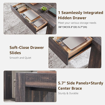 OKD 48" Modern Farmhouse Coffee Table, Wooden Living Room Table with Hidden Storage Drawer, Rustic Rectangular Center Tables w/Wood Thick Design for Living Room, Office, Dark Rustic Oak