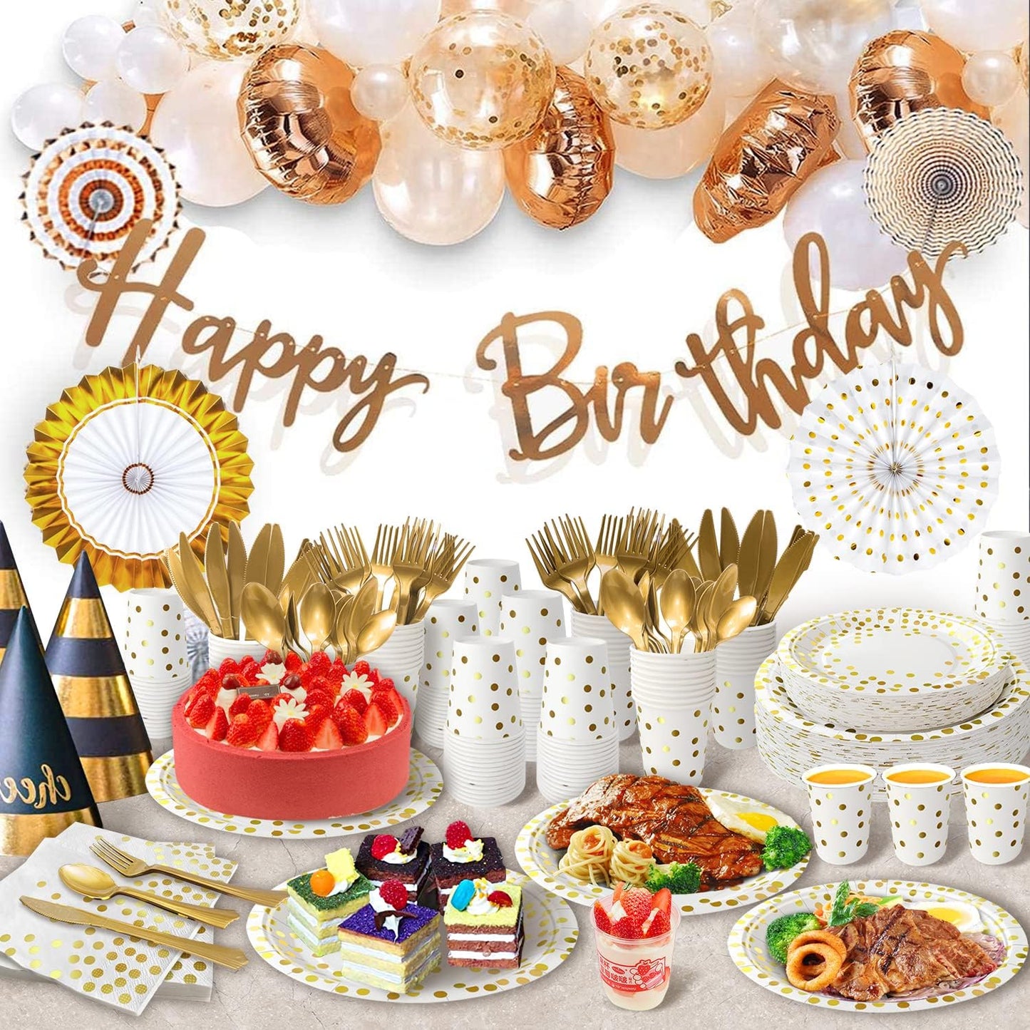 AIRE 350PCS White Gold Paper Plates Party Supplies for 50 Guests Party Decorations Disposable Dinnerware Paper Plates Cups Napkins Gold Plastic Forks Knives Spoons for Wedding Birthday Engagement