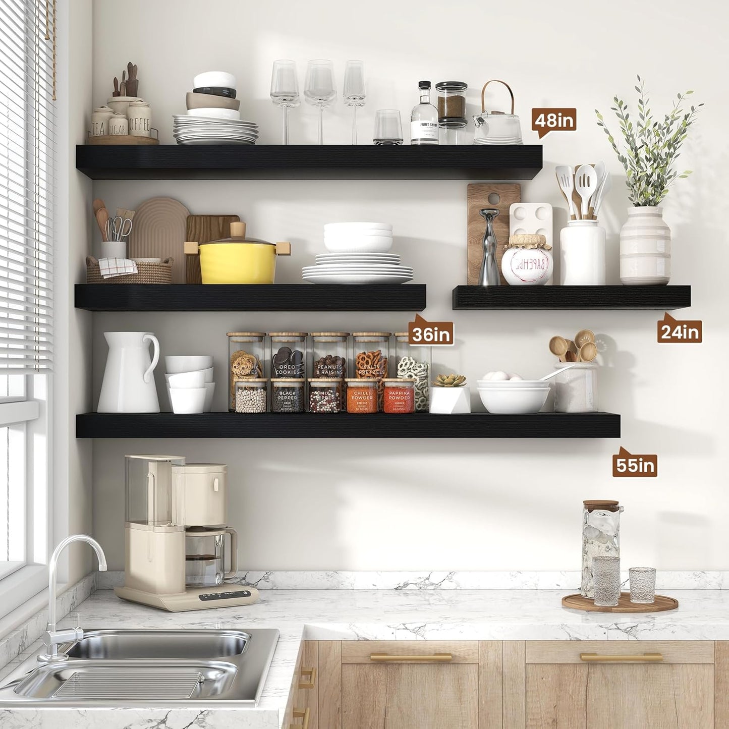 Heimlove 55 Inch Floating Shelves for Wall,10 Deep Large Black Wall Shelf with Heavy Duty Brackets,Wall Mounted Storage & Display Shelves for Bedroom,Living Room,Kitchen,Office