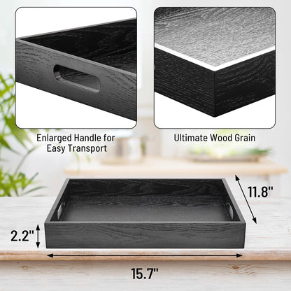 Wood Serving Tray with Handles, Home Decorative Wooden Rectangle Ottoman Decor Platter Vanity Tray for Breakfast Dinner Drinks Kitchen Dining Living Bathroom Restaurants Black