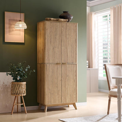 OKD Fluted Kitchen Pantry, 72" Tall Mid Century Modern Storage Cabinet with Adjustable Shelves & Door Organizer, Wood Cabinet for Kitchen, Living Room, Natural Oak