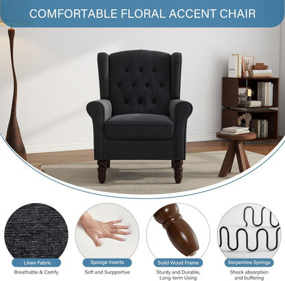 UIXE High Back Accent Chairs Set of 2, Upholstered Armchair in Fabric, Retro Wingback Arm Chair for Living Room, Comfy Single Sofa Bedroom Reading Seat with Solid Wood Legs - Black Blue