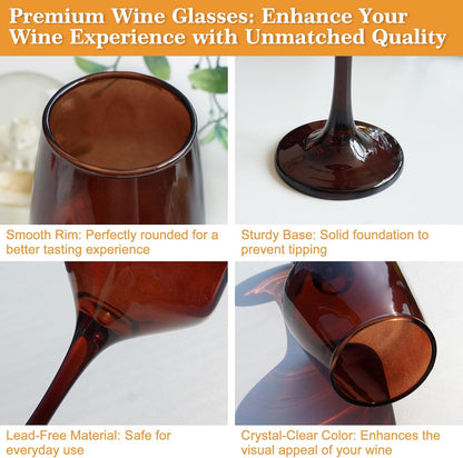 Brown Wine Glasses Set of 6-12oz Brown Long Stem Wine Glass Cups, Pretty Crystal Glassware, Hand Blown Goblets Drinkware, Unique Drinking Stemware Holiday Gift Set