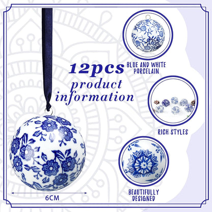 Cindeer 12 Pcs Blue and White Christmas Porcelain Balls 2.4 Inch Porcelain Chinoiserie Ornament Bulk Christmas Ceramic Hanging Decorative for Tree Home Xmas Party (Elegant Style)