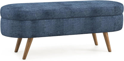 Oval Storage Bench 43.5" Linen Fabric Upholstered Entryway Bench with Solid Wood Legs Ottoman Bench Indoor Bench for Living Room/Bedroom/End of Bed/Entryway (Blue)
