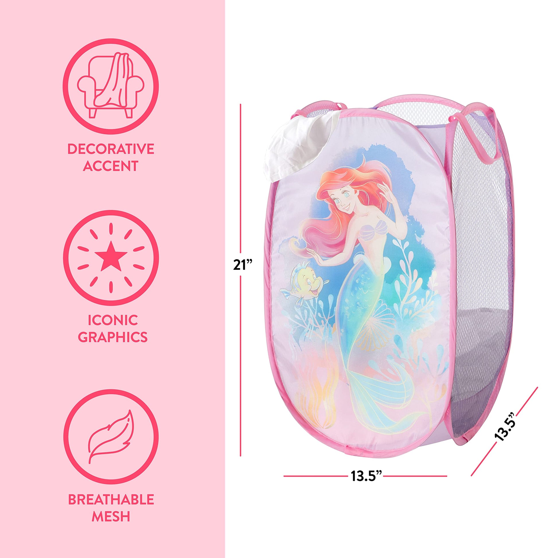 Disney Little Mermaid Ariel Pop-Up Hamper,Collapsible Laundry Basket with Sturdy Handles