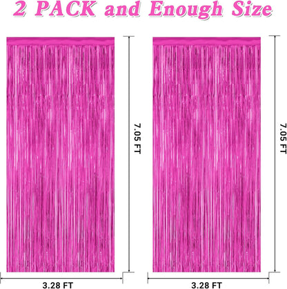 2 Pack Hot Pink Party Decorations, 3.28 FT x 7.05 FT Hot Pink Backdrop, Metallic Rose Red Photo Backdrop Foil Curtains Tinsel Backdrop, Metallic Pink Party Decor Wedding Party Supplies