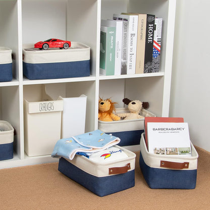 DULLEMELO Set of 6 Small Baskets for Organizing, Small Fabric Storage Bins for Toys Storage, Collapsible Storage Bins with Leather Handles for Shelves, Closets, Laundry, Nursery(White&Blue)