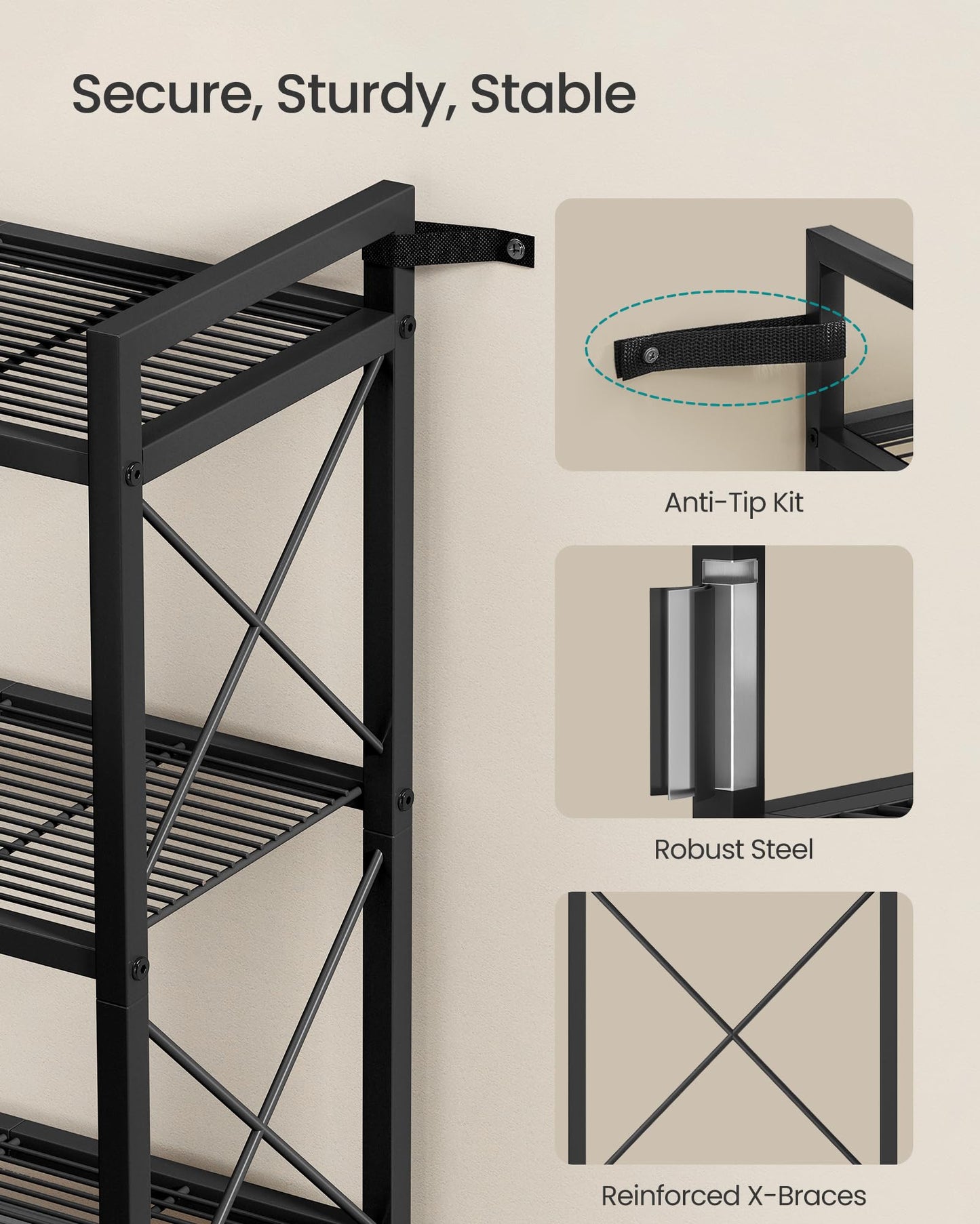 SONGMICS 4-Tier Metal Storage Rack, Shelving Unit with X Side Frames
