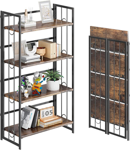 4NM No Assembly 4 Tiers Folding Bookshelf, 47.2" H Foldable Storage Shelves Vintage Bookcase Standing Racks Study Organizer Home Office - Rustic Brown Black