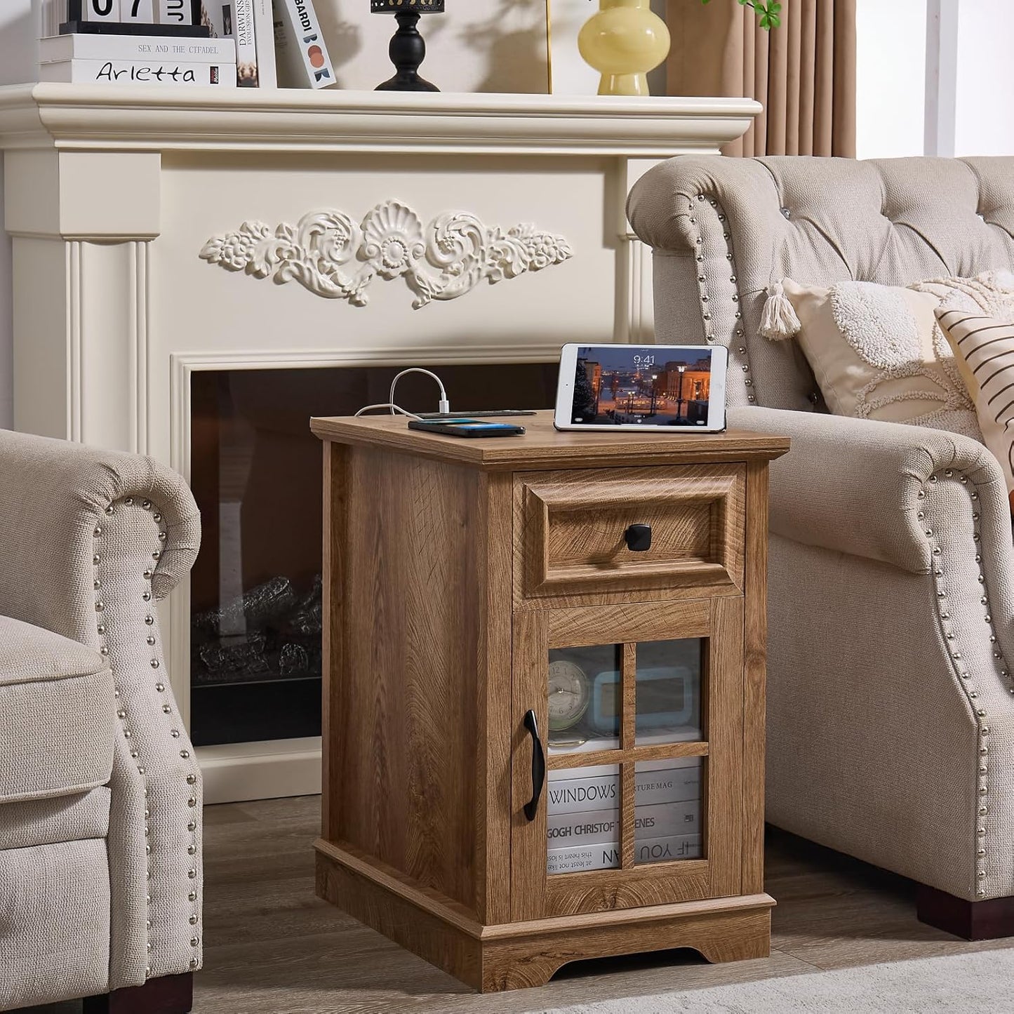 Farmhouse XXL End Table with Charging Station, Side Table with USB Ports and Outlets, Nightstand with Drawer and Glass Door Storage, Log Color Bedside Tables for Living Room, Bedroom, Office