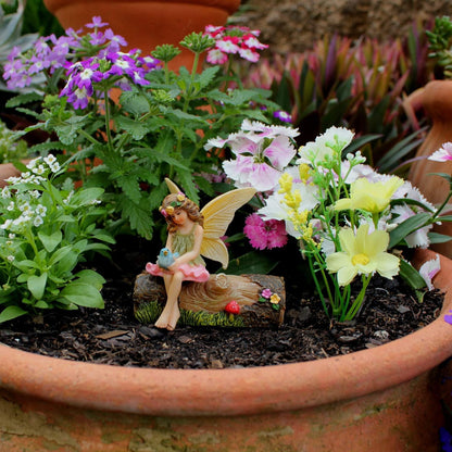 PRETMANNS Fairy Garden Fairies – Cute Accessories for Indoor or Outdoor Miniature Garden - Figurine Vicky on a Decorated Log – 2 Items