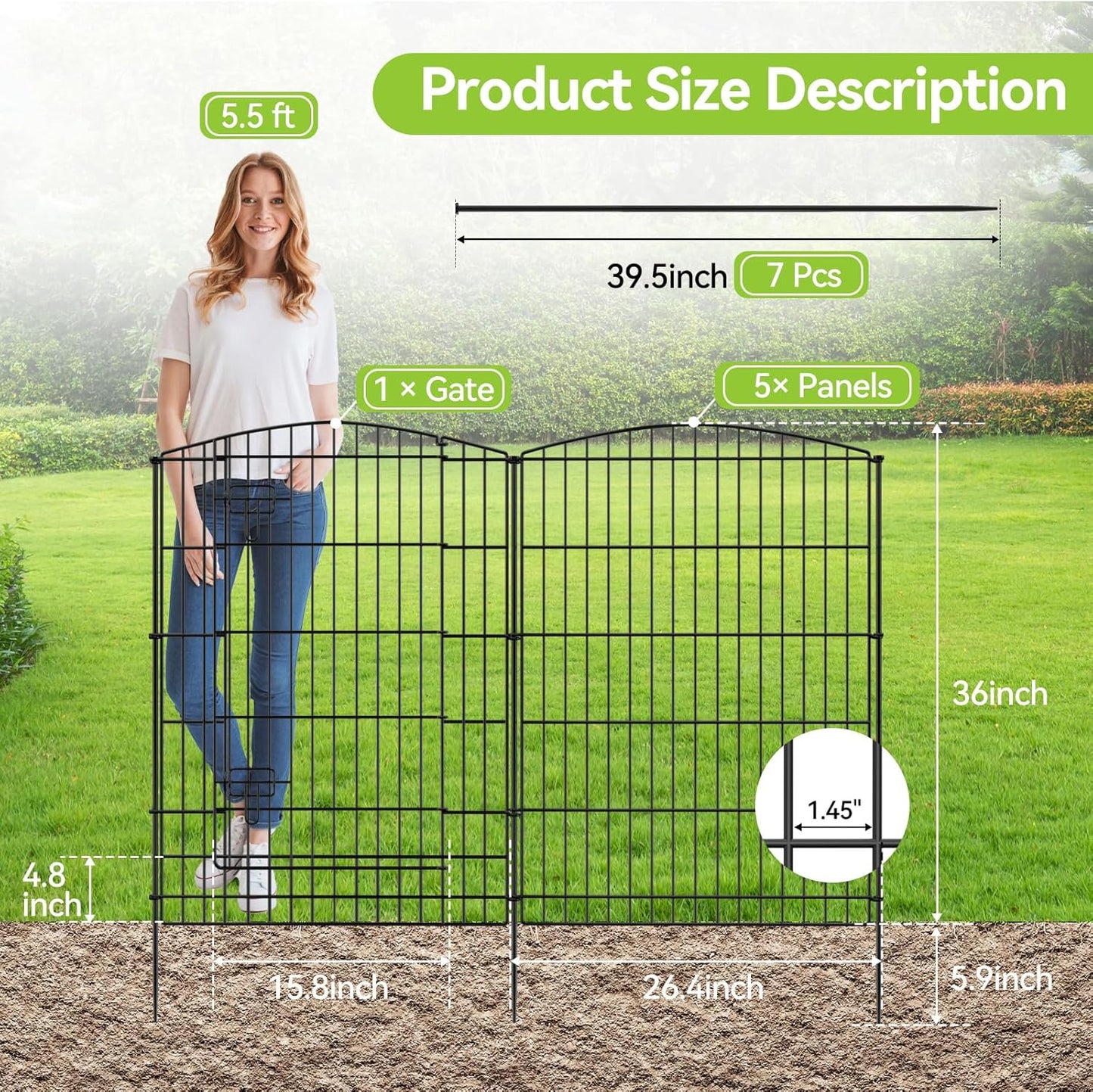INJOPEXI Decorative Garden Fence 6 Panels 13ft (L)×36in (H) Animal Barrier Fences with 5 Panels + 1 Gate, No Dig Garden Fencing Rustproof Metal Wire Temporary Rabbit Dog Fence for Patio Outdoor Yard