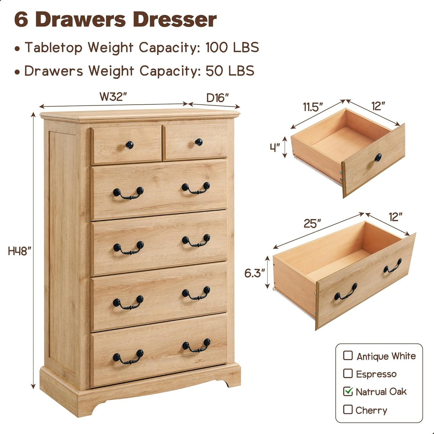 T4TREAM 6 Drawers Dresser Chests for Bedroom, 48" Tall Rustic Chset of Drawers, Wood Dressers Organizer for Bedroom, Living Room,Hallway, Natural Oak