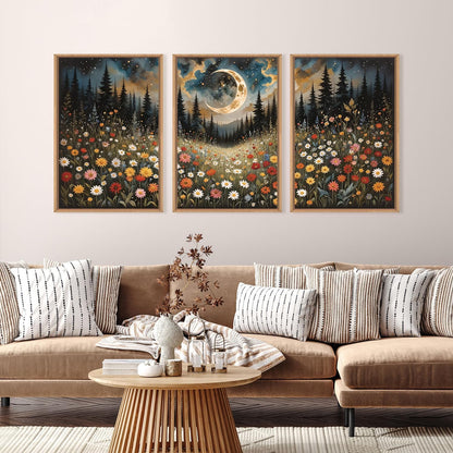 HPINUB Wildflower Moon Pine Tree Framed Canvas Wall Art Set,Nature Forest Wall Decor,Mystical Starry Night Artwork Rustic Mountain Landscape Art Print for Living Room,Bedroom,Office-24 x36 x3
