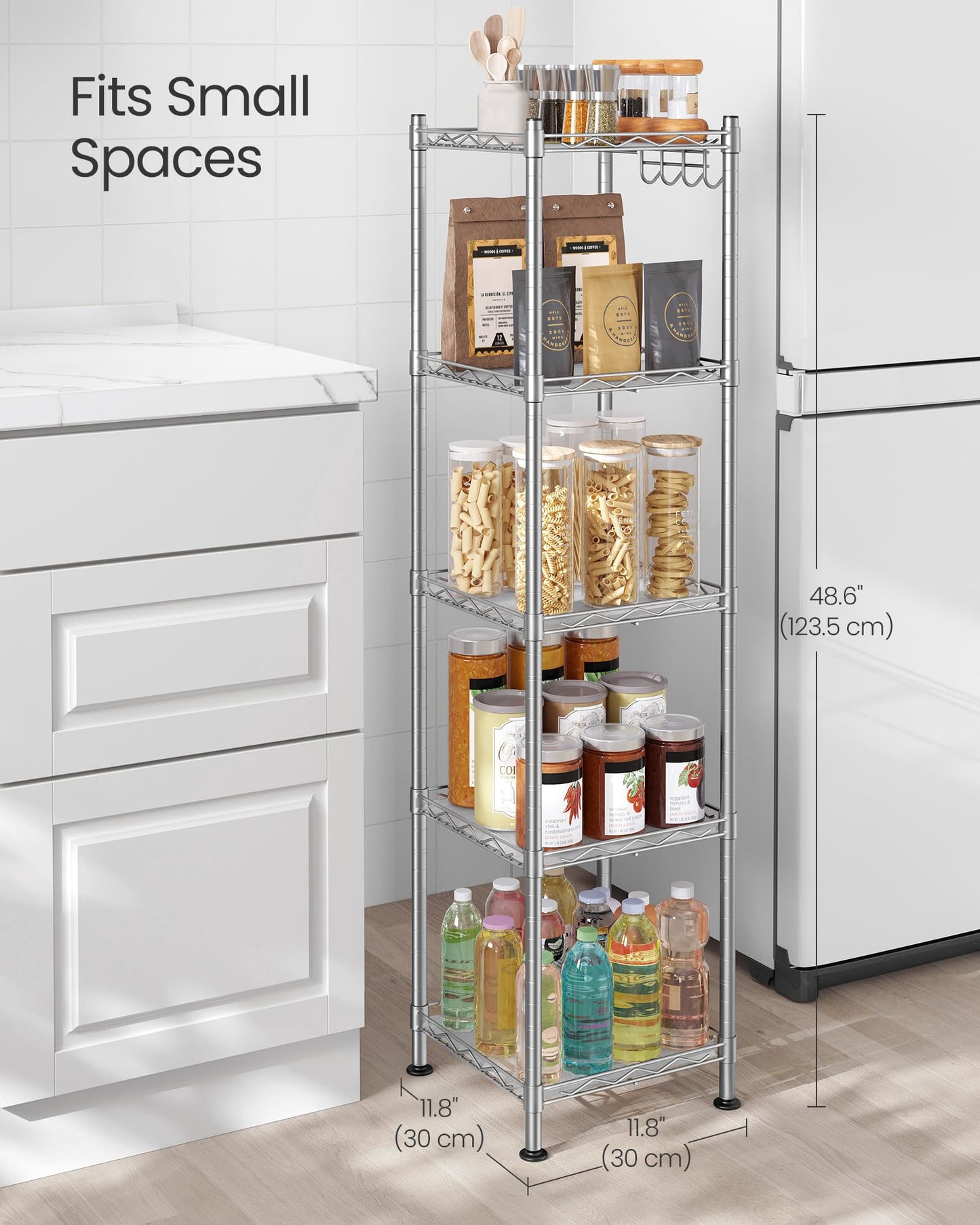 SONGMICS Storage Shelf, Bathroom Shelf for Small Space, 5 Tier, Silver