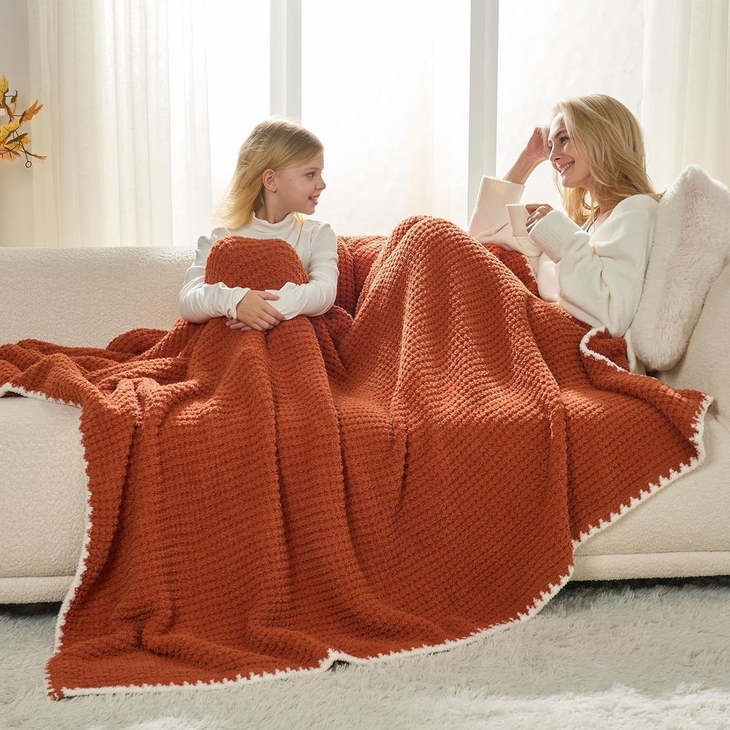 Snuggle Sac Orange Waffle Throw Blanket for Couch Bed Sofa 50x60 inches, Reversible Blanket Microfiber Fluffy Fuzzy Cozy Knit Soft Throws for Women Mothers Birthday Gifts