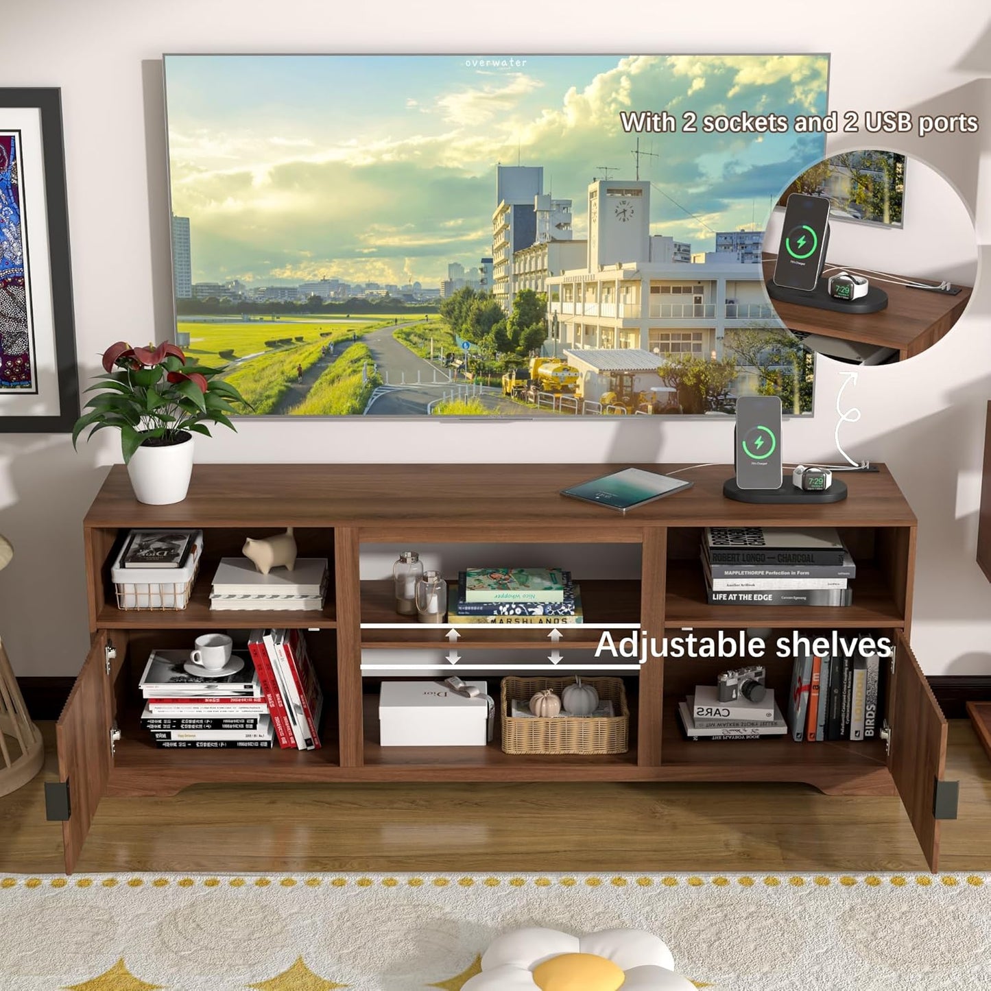 Fireplace TV Stand for Television up to 80 Inch,Entertainment Center with Adjustable Shelf,Mid-Century Modern Fluted TV Stand with 23" Electric Fireplace,Media Console for Living Room,Bedroom