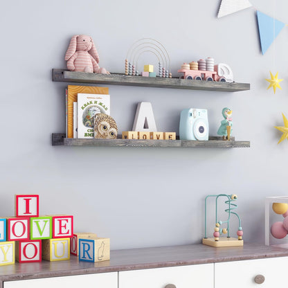 36 Inches Floating Shelves for Wall, Solid Pine Wood Picture Ledge Shelves, Wall Shelves with Lips, Nursery Book Shelves for Toys Storage Living Room Bedroom Photo Frames (2 Pcs, Grey)