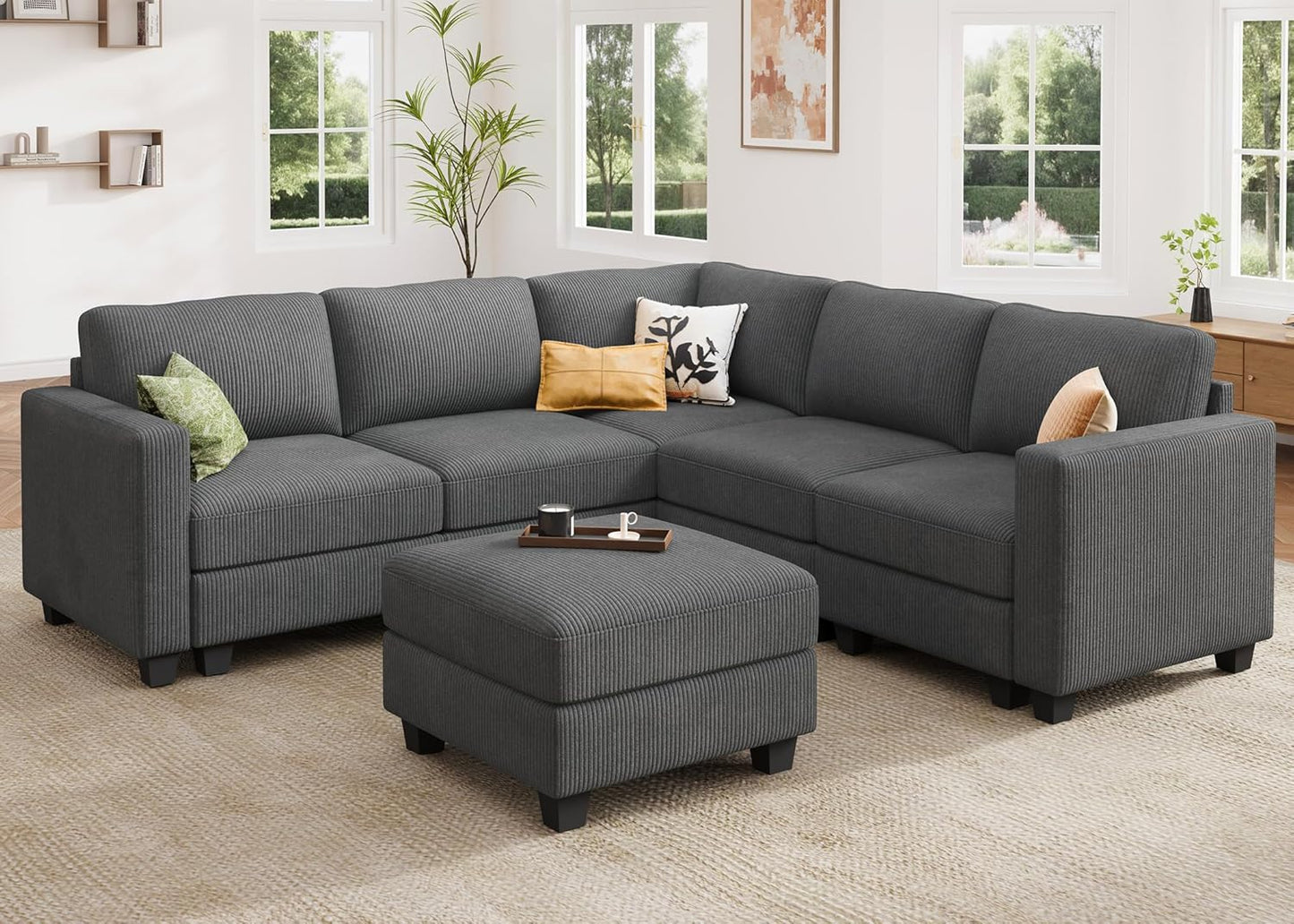 HONBAY Corduroy Modular Sectional Couch with Storage L-Shaped Sectional Couches for Living Room 6 Seater Modular Sofa, Dark Gray