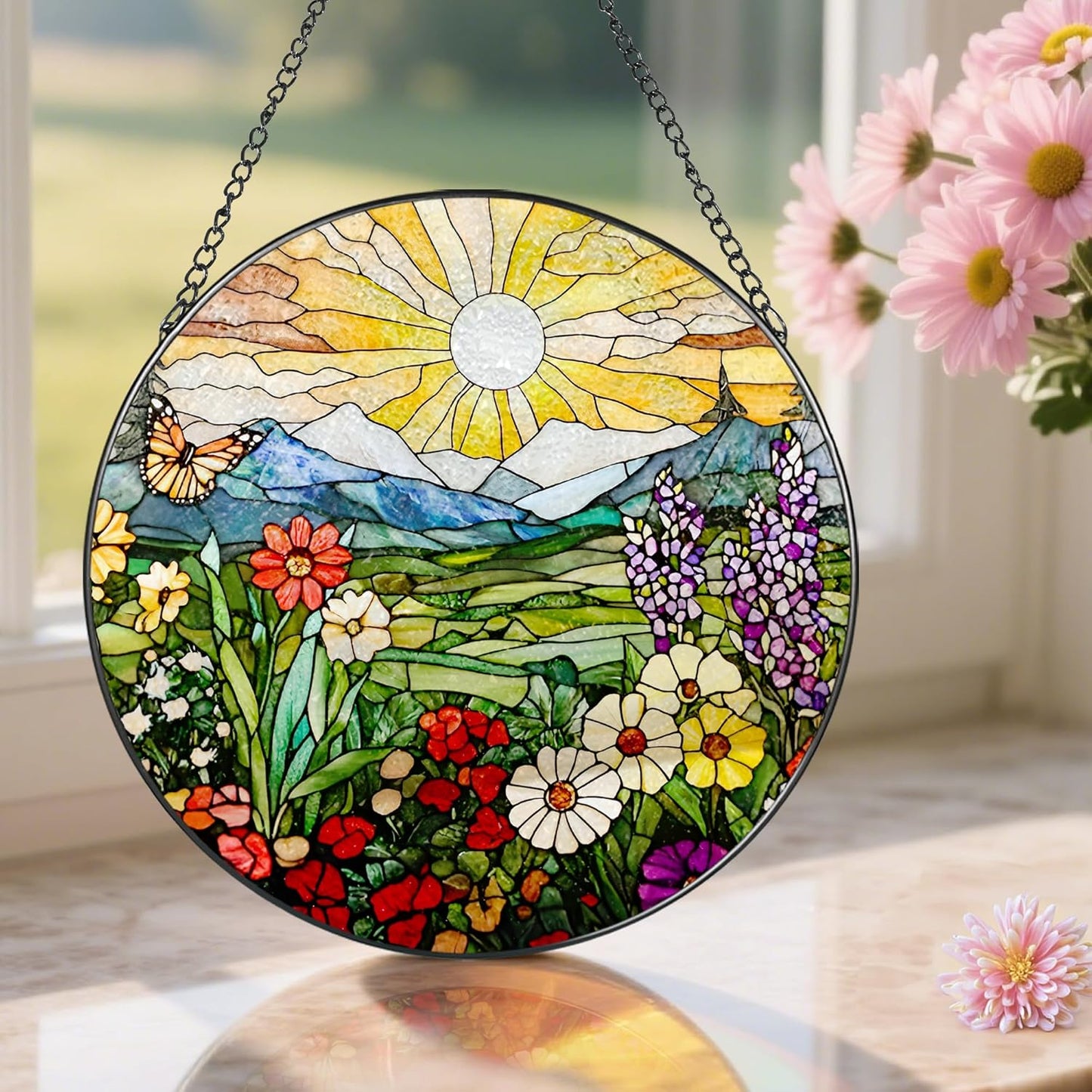 8 Inch Mountain Wildflowers Stained Glass Suncatcher, Suncatchers for Windows Hanging, Window Decor, Grandma Mom Gift for Her, Mother's Day Christmas Birthday