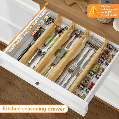 BAMEOS Drawer Divider,Expandable Bamboo Separators Adjustable Utensil Knife Fork Tool Kitchen Organizer, Clothes Fabric Drawer Organizer In Bathroom Bedroom Office, Cabinet Dresser Organizer 4-pack