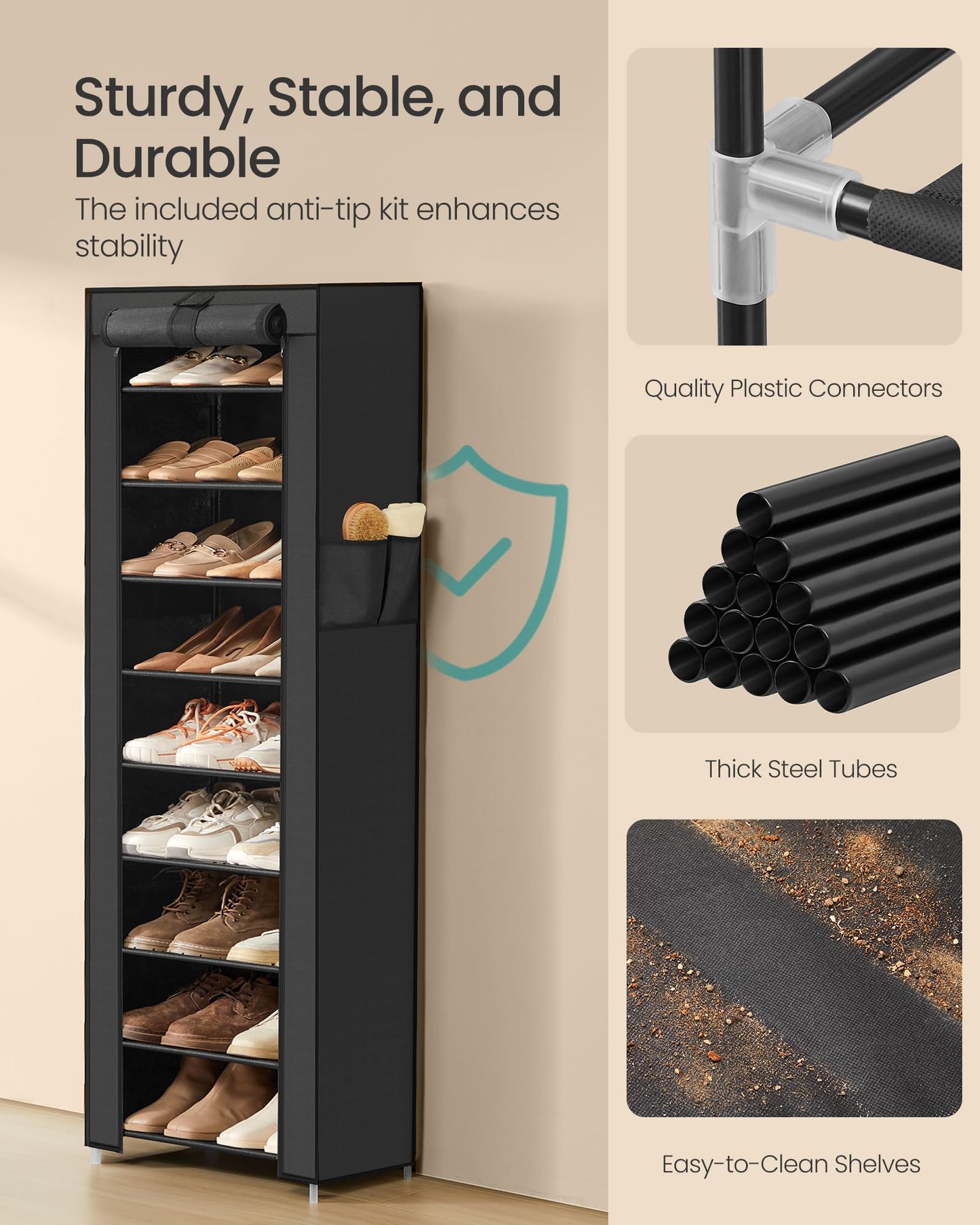 SONGMICS 10-Tier Shoe Rack, Shoe Storage Cabinet with Dustproof Cover, Free-Standing Storage