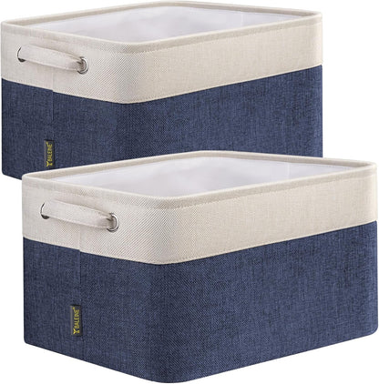 BALEINE 2 Pack Fabric Storage Bins for Shelves, Linen Storage Baskets for Organizing, Decorative Closet Bins for Clothes, Home (Navy Blue, 12"x8"x8")