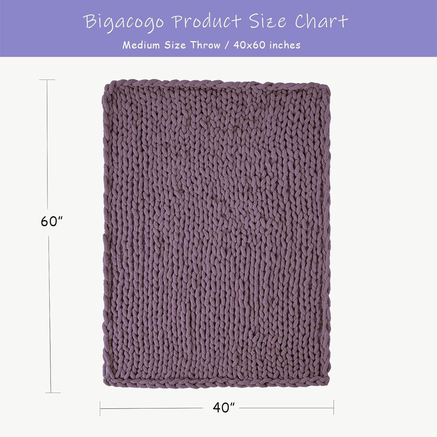 Bigacogo Chunky Knit Throw Blanket for Couch, 40x60 inches, 100% Hand Knitted with Thick Jumbo Chenille Yarn, Cozy Soft Large Rope Knot Cable Crochet Blankets for Sofa Bed Living Room, Winter Grape