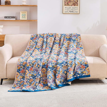 Boho Throw Blanket for Bed, 100% Cotton Soft Rustic Quilt Fall Blanket, 90"x98" Floral Printed Farmhouse Decor Bed Blankets, All Season Rustic Reversible Bohemian Throw Quilt