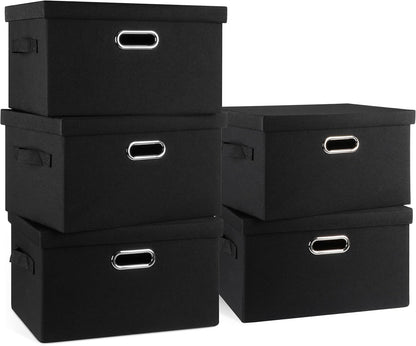 Medium 15" 21 Quart Collapsible Stackable Storage Bins with Lids, 5 Packs Black Foldable Fabric Closet Storage Boxes with Lids, Lidded Heavy-duty Linen Baskets(15x11x8)
