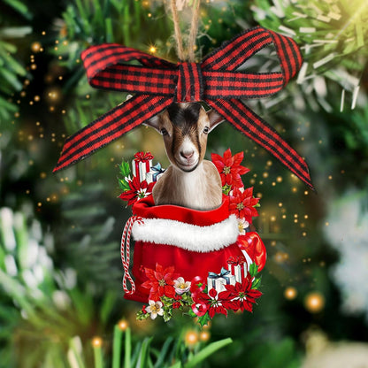 Talataca Goat 2D Flat Wooden Christmas Ornament, Goat Farm Animal in Red Santa Gift Bag Pine Tree Decor, Hanging House Charm Eve Keepsake, Wood Car Mirror Accessories, Xmas Gift