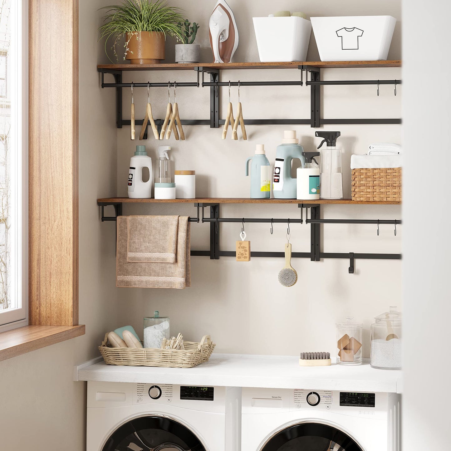 VASAGLE Laundry Room Shelf Wall Mounted, Coat Rack Shelf, with 8 Removable Hooks, for Entryway