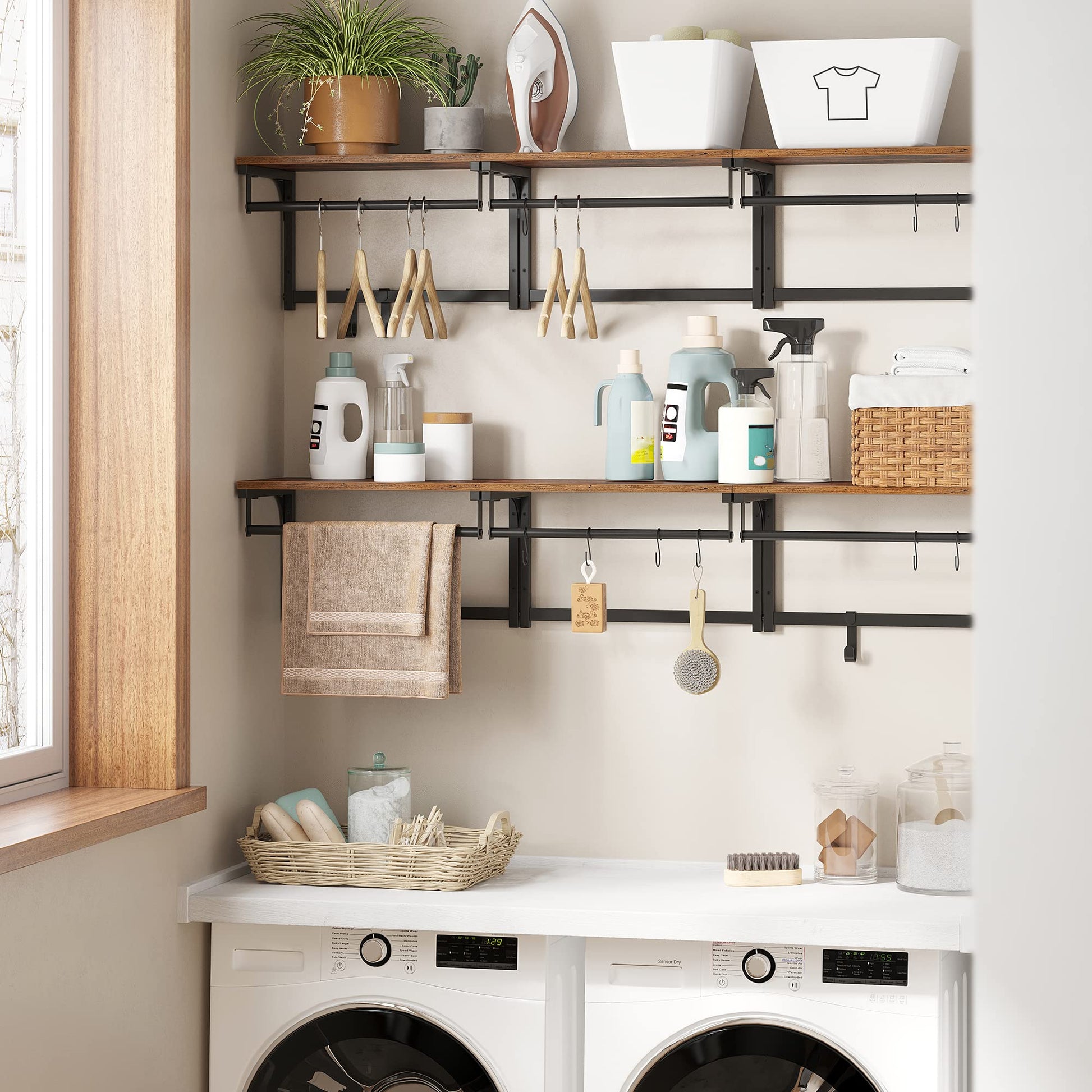 VASAGLE Laundry Room Shelf Wall Mounted, Coat Rack Shelf, with 8 Removable Hooks, for Entryway