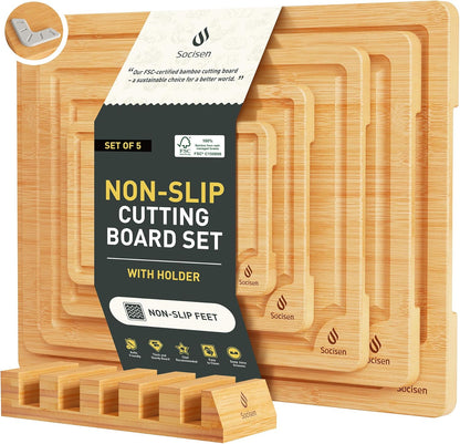 5 Packs Bamboo Cutting Board Set with Non Slip Feet Holder and Over Sink Nice Solid Thick Wood Juice Groove Chopping Board Small Big Xl XXl xlarge Oversized Kitchen Counter Organic Vegetable Meat Kit