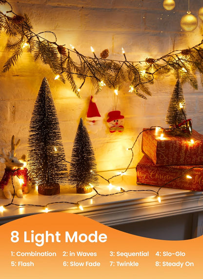 Brightown LED Christmas Mini Lights, 39Feet 100 LED Clear Bulbs String Lights with 8 Light Modes, Connectable Fairy Lights Plug in for Outdoor Xmas Trees Garland Wreath Holiday Decorations, Warm White