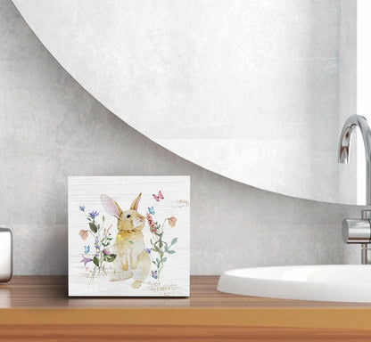 SRADMO Bunny Sign, Cute Bunny's Wood Box Sign Desk Decor, Easter Bunny Gifts for Kids, Easter Theme Wooden Block Box Sign Decoration for Home Office Shelf Table Decor
