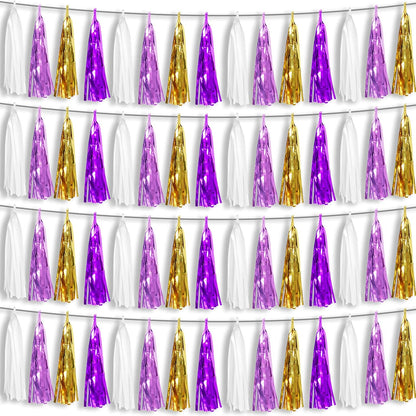 4P Purple-Gold Foil Fringe Metallic Tassel Garland, Tassels Banner Streamers for Parade Floats, Bachelorette, Wedding, Birthday, Halloween, Christmas, Bridal/Baby Shower Party Decorations