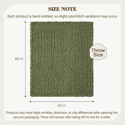 Carriediosa Chunky Knit Throw Blanket 50" X 60", 100% Hand Made Large Chenille Loop Yarn Soft Fluffy Throws for Couch Sofa Bed, Big Crochet Cozy Heavy Thick Cable Woven Blankets, Olive Green