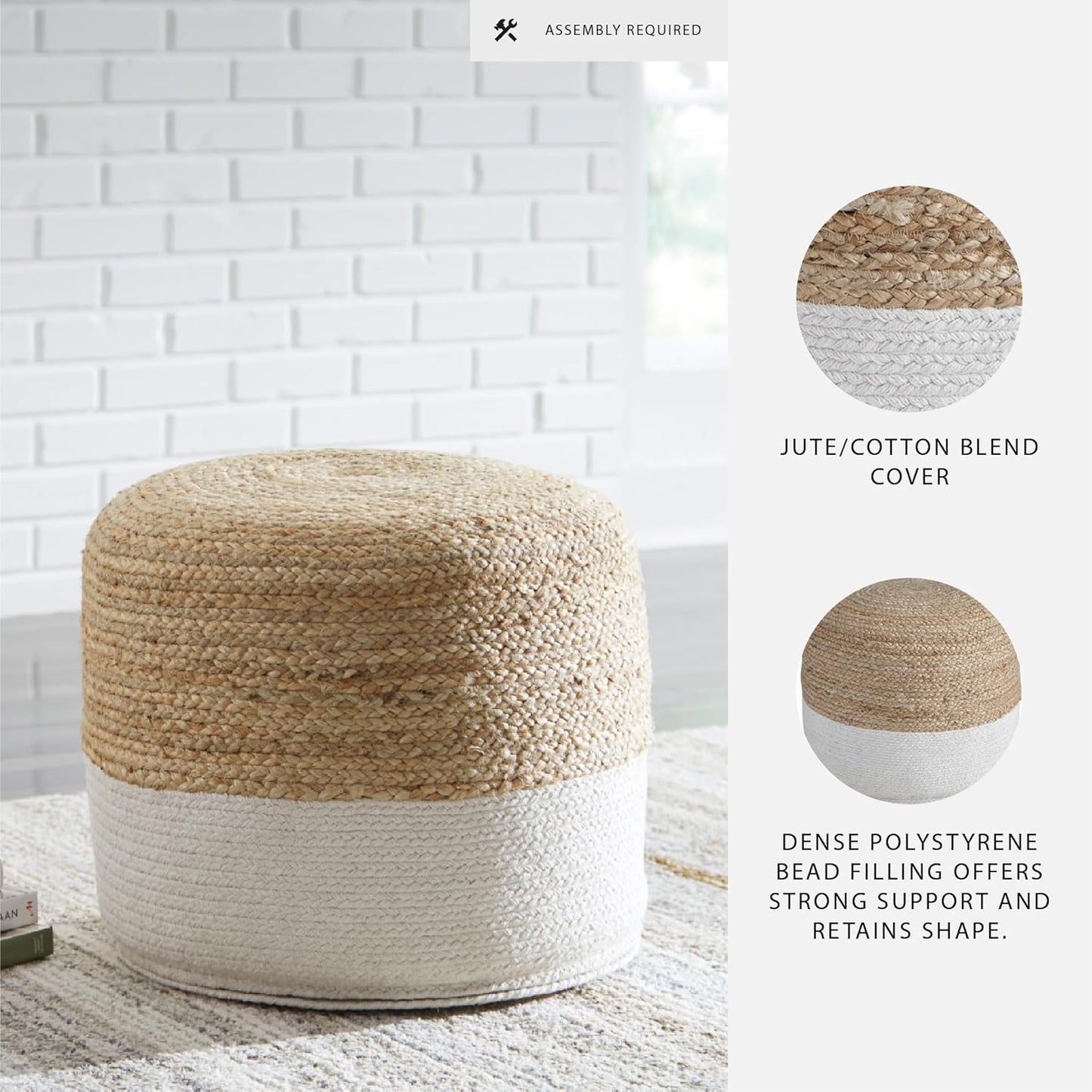 Signature Design by Ashley Sweed Valley Jute & Cotton Pouf, 19 x 19 Inches, Beige & White